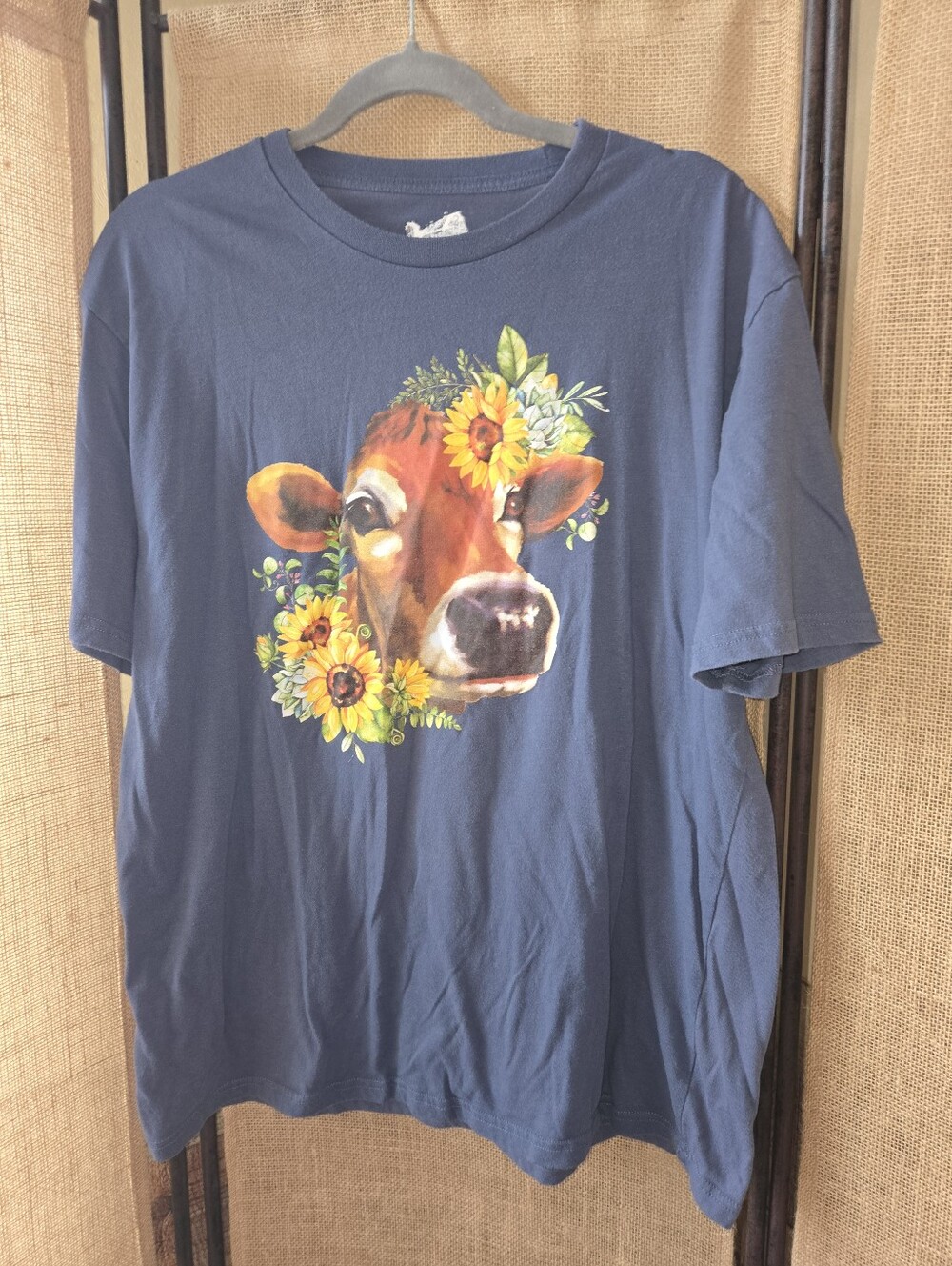 Women's Farm To Markey Navy Blue Tee with Sunflower Cow Graphic XL
